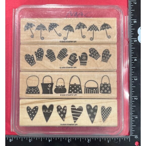 Stampin Up! Rubber Stamp Set - Umbrella Mittens Purses & Hearts Designs - Picture 1 of 7